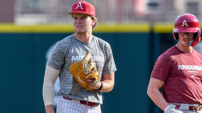 Razorbacks' first baseman Ben McLaughlin in practice Friday